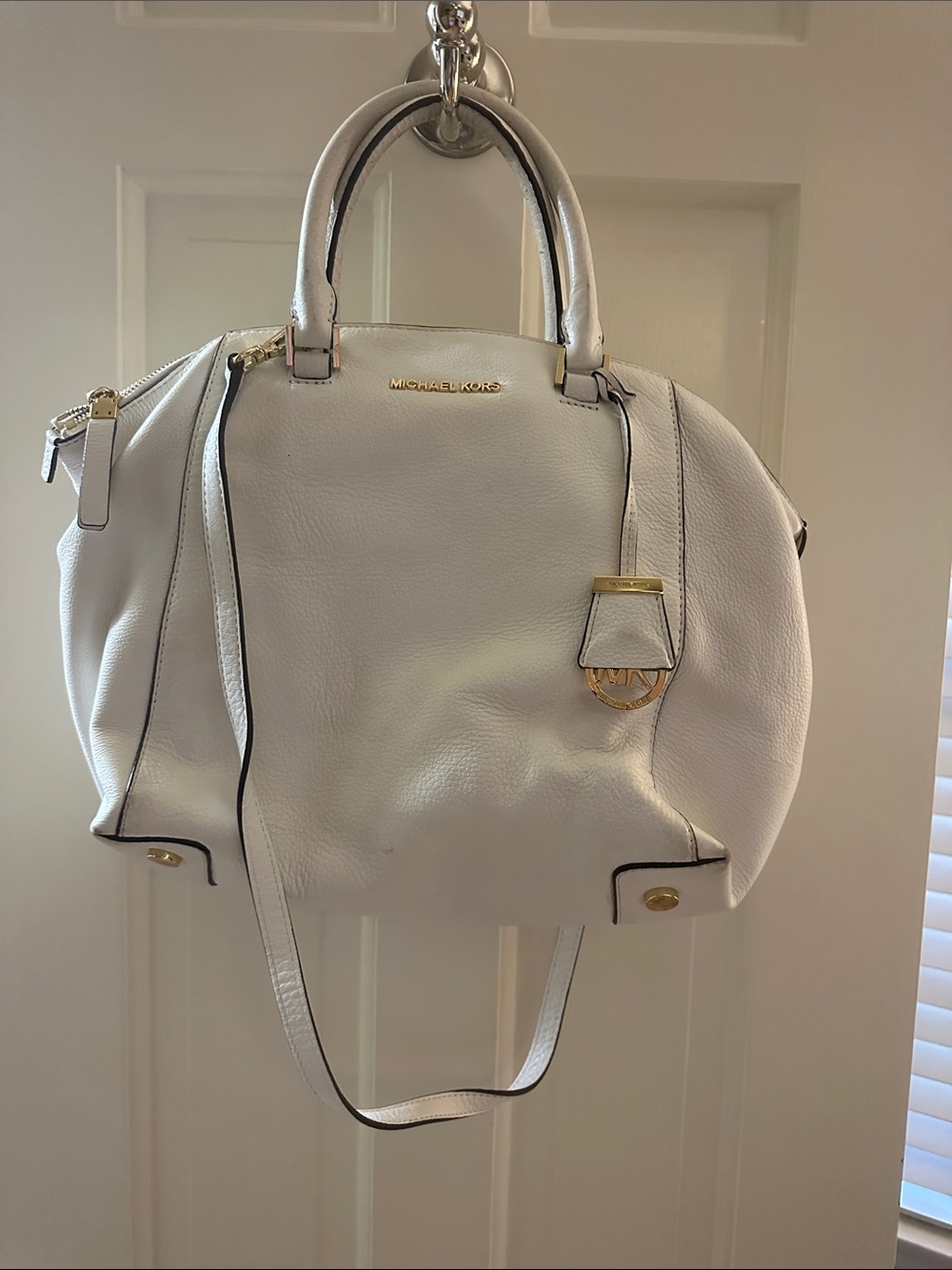 Michael Kors White Pebbled Leather Satchel with Gold Hardware